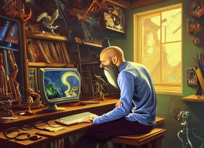 Prompt: classic oil painting, side view of a fantasy wizard using a pc, gaming, retro 6 0 s computer, sitting inside a cluttered storage room, cottagecore, long wavy beard, keyboard, extremely detailed, digital illustration, concept art, readability, smooth, sharp focus, art by alex grey, art by brothers hildebrandt