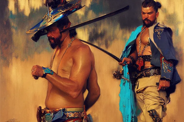 Image similar to turquoise samurai painting by gaston bussiere, craig mullins, j. c. leyendecker, tom of finland,