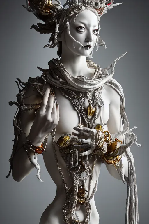 Prompt: white porcelain statue of boned matte sacred demon goddess, sculpture with metallic polished intricated surface, dressed with a colorful torn silk cloak and chrome ornaments, made by antonio corradini, and dug stanat macabre art, dark surrealism, epic and cinematic view, volummetric light, texturized, detailed, 8 k