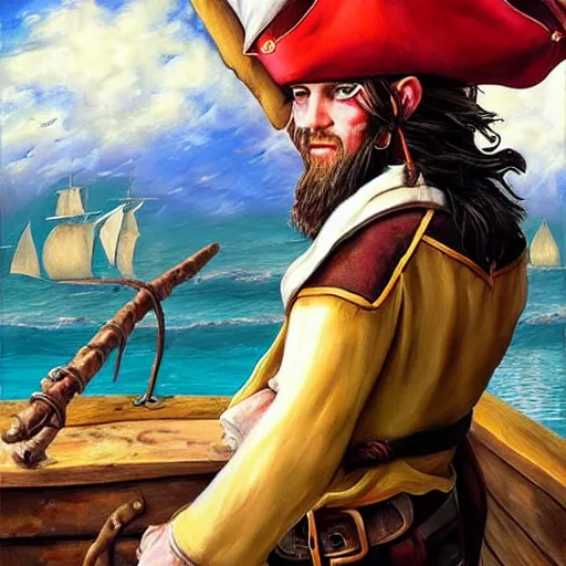 Image similar to a young pirate captain looking for lost islands on his ship, artstation hall of fame gallery, editors choice, #1 digital painting of all time, most beautiful image ever created, emotionally evocative, greatest art ever made, lifetime achievement magnum opus masterpiece, the most amazing breathtaking image with the deepest message ever painted, a thing of beauty beyond imagination or words