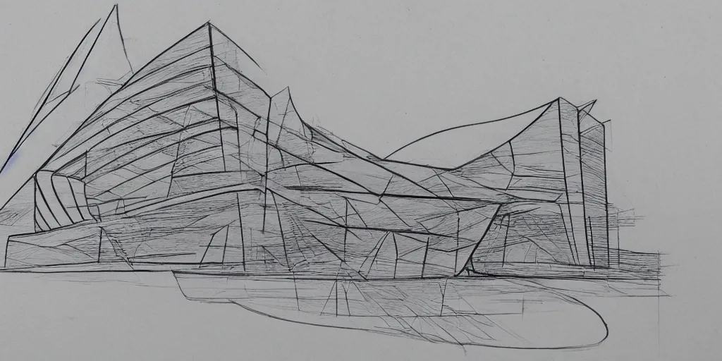 Image similar to davinci sketch technique style old paper zaha hadid building