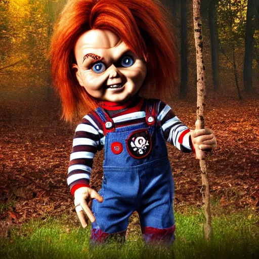 Prompt: chucky the doll in the woods foggy digital art 4 k detailed super realistic