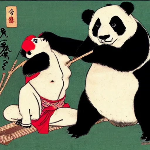 Image similar to a panda and bear, shunga style, ukiyo - e art, artstation