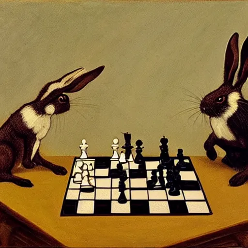 Prompt: two rabbits playing chess in the style of ilya repin