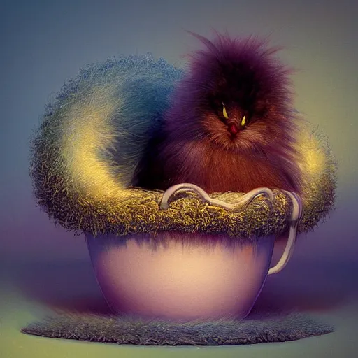 Image similar to long shot of a very fluffy fur chick nesting in a floral cup, esao andrews, by m. w. kaluta, humorous illustration, hyperrealistic, tilt shift, warm colors, night scenery, low light, 3 d octane render, 4 k, volumetric lights, smooth, cosy atmosphere, conceptart, hyperdetailed, trending on deviantart