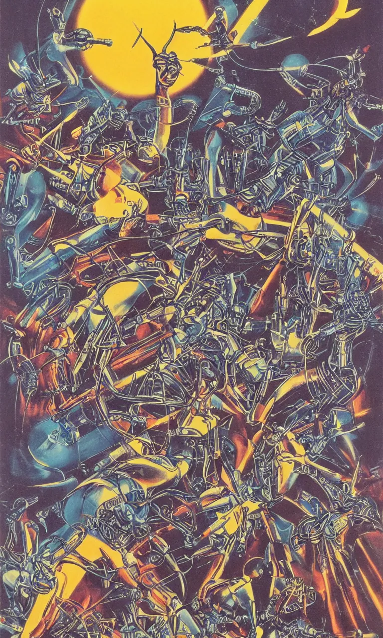 Prompt: vintage 1 9 7 0 s sci - fi movie poster of a mighty cybernetic deers invading brasilia, art by peter jones