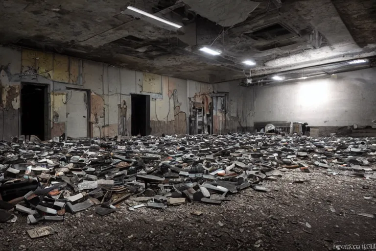 Image similar to an abandoned industrial basement lit by a pile of CRT's, unsettling image