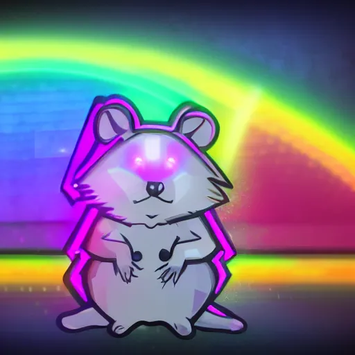 Image similar to cyberpunk hamster! holding rainbow! gem! crystal, neon lights, light reflection, logo, 8 k, hd