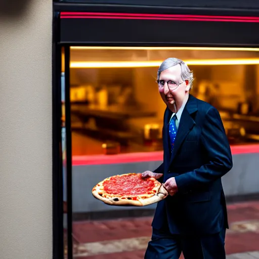 Image similar to photograph portrait of Mitch McConnell entering a pizza shop, sigma 85mm f/1.4, 4k, depth of field, high resolution, 4k, 8k, hd, full color