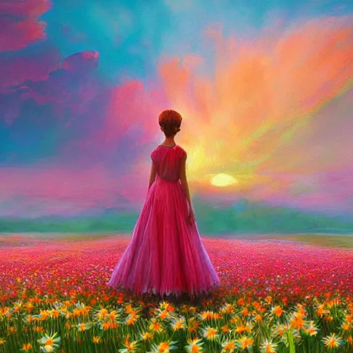 Prompt: giant detailed daisy flower as head, full body girl standing in a flower field, surreal photography, sunrise, dramatic light, impressionist painting, colorful clouds, digital painting, artstation, simon stalenhag