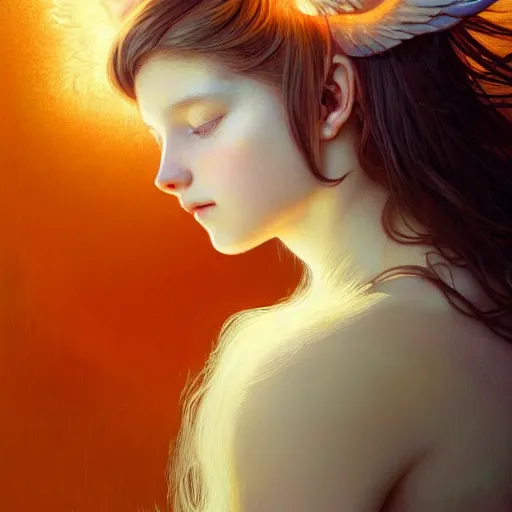 Image similar to Portrait of a girl angel with pale orange colored fuzzy frizzy hair, cat ears on her head, glowing halo, wings on her back, fantasy, intricate, elegant, highly detailed, digital painting, artstation, concept art, smooth, sharp focus, illustration, art by Krenz Cushart and Artem Demura and alphonse mucha