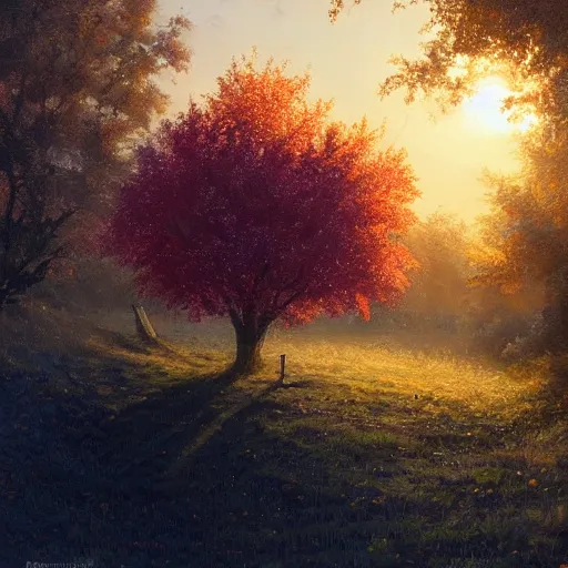 Image similar to a beautiful painting by banska stiavnica nature in sunset, beautiful fruit tree, translucent peach, backlit leaves by greg rutkowski and james gurney, artstation