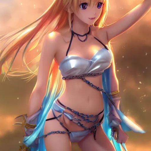 Image similar to a very beautiful young yuuki asuna, full body, long wavy blond hair, sky blue eyes, full round face,, shiny golden bikini, hands in chains, miniskirt, front shot, highly detailed, cinematic wallpaper by stanley artgerm lau