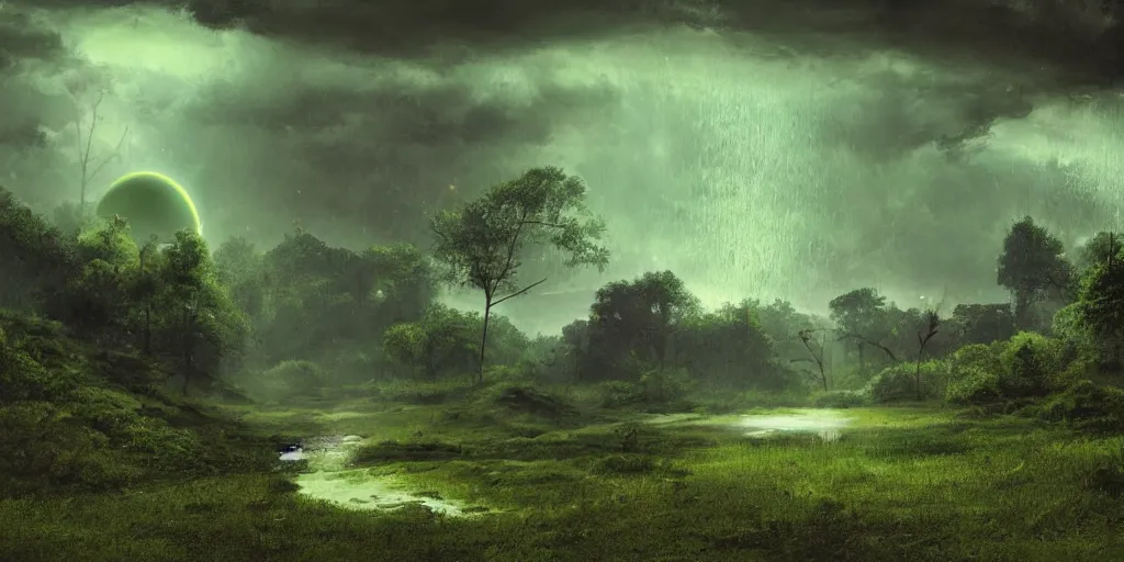 Image similar to digital art, trending on artstation, planet venus landscape, heavy green rain, nice lighting, perfect readability