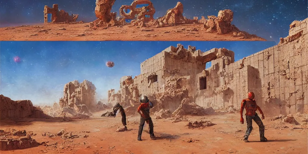 Image similar to supernova, neo brutalism space station ruins in the mars desert, painted by steve mccurry, ruan jia, raymond swanland, lawrence alma tadema, zdzislaw beksinski, norman rockwell, jack kirby, tom lovell, alex malveda, greg staples