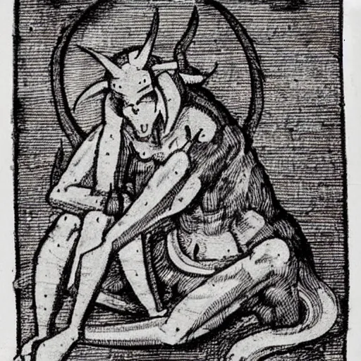 Prompt: medieval sketch of a demon representing exhaustion