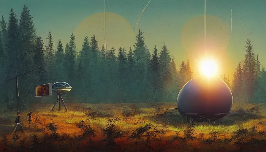 Image similar to communication dish in the foreground, sun in the sky, early morning, forest in the background, simon stalenhag