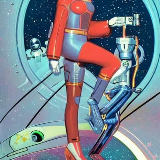 Prompt: retro sci - fi art of a beautiful woman in a retro - future spacesuit floating through space. she is holding a lazer blaster in hand.