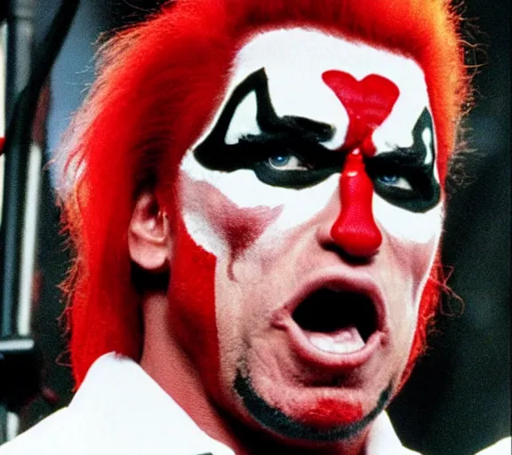 Prompt: color still shot of arnold schwarzenegger lead singer performing in music group insane clown posse, face closeup