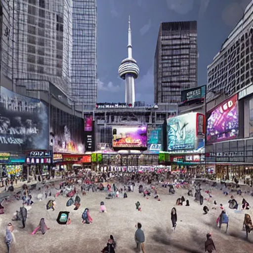 Prompt: 3D Digital matte painting of Yonge-Dundas Square in Toronto, Canada; with eldritch creatures, gnostic designs, arcane imagery, and esoteric aesthetics.