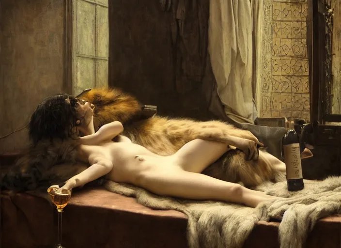 Image similar to an exhausted hyena girl in her studio with a bottle of whisky, fluffy, furry pelt, furry body. highly detailed painting by edgar maxence and caravaggio and michael whelan and delacroix style, artistic, intricate drawing, cinematic lighting, hyper realistic, extremely detailed, establishing shot, 8 k resolution, dramatic lighting