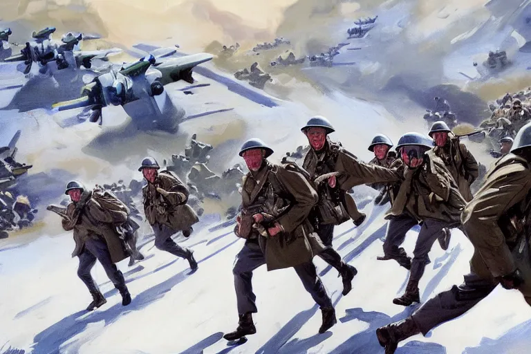 Prompt: intense vibrant film still of infantry wearing trenchcoats charging across a bridge, ww 2 snowy mountain battle 1 9 4 4, airplanes, oil painting by john singer sargent, adrian smith, greg rutkowski, trending on artstation
