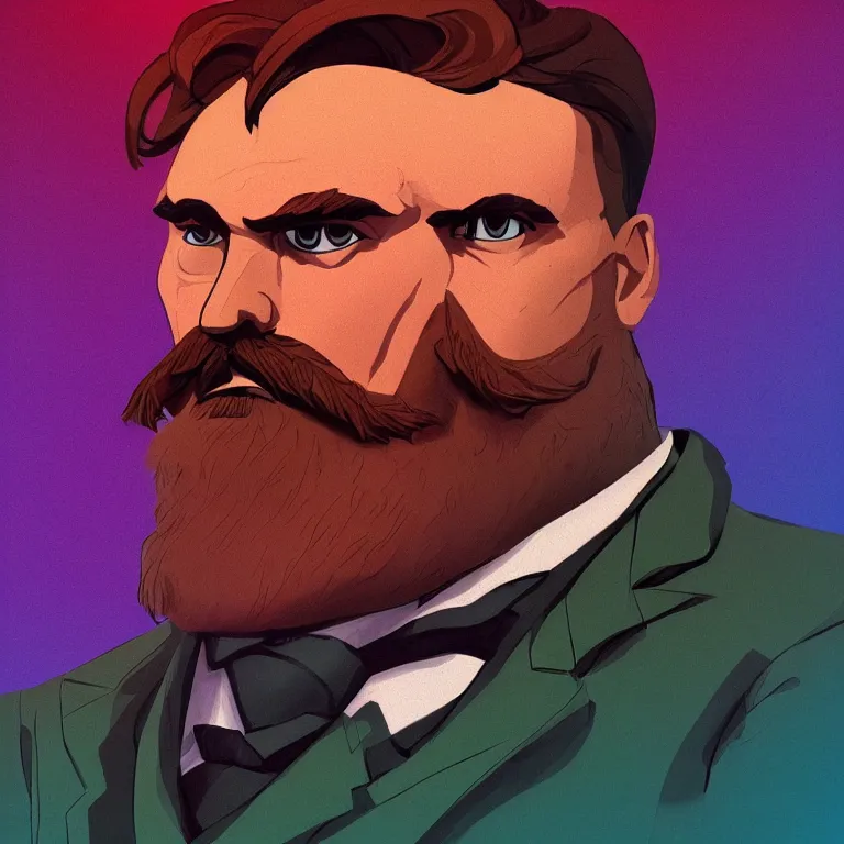 Image similar to Stylized Portrait of Friedrich Nietzsche in his Suit, chiseled Jawline and serious Look, in the Style of Artgerm and Ross Draws and Mike Mignola and Cory Loftis, neon rim light, hard shadows, colorful, plain background, trending on artstation