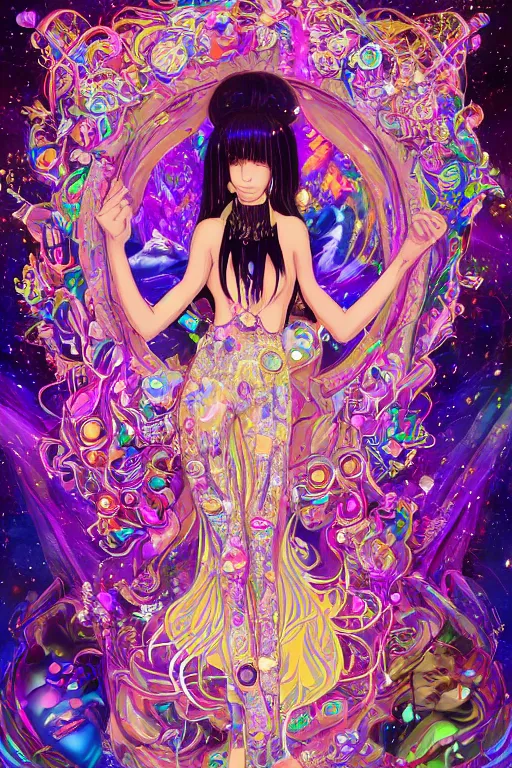 Image similar to acid trip, hall of mirrors, intricate, highly detailed, anime, 4k, a beautiful seductive deer woman holding a crystal containing the universe, with professional makeup, long trippy hair, surrounded by gems, underneath the stars, trending on patreon, deviantart, twitter, artstation, volumetric lighting, heavy contrast, by artgerm and Ilya Kuvshinov and alphonse mucha