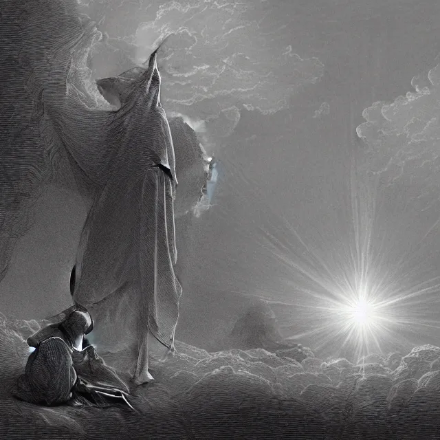 Prompt: a hooded figure in a black robe emmitting a beam of light from his face, flower meadow landscape, illustration by Gustave Dore, 18th century drawing , black and white, highly detailed, 4k, concept art, artstation