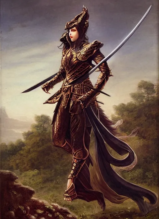 Prompt: woman in dark princess dragon armor, she is holding a katana sword, walking on the mystical ancient ruins. by william henry hunt