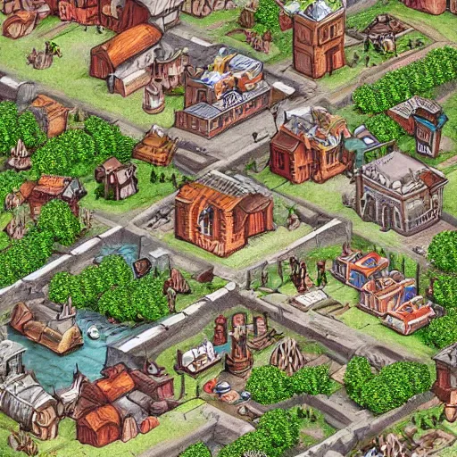 Image similar to a drawing of a little town from the game d & d, artstation, 3 d isometric, highly detailed