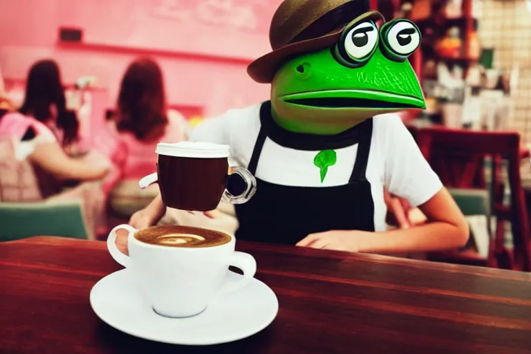 Image similar to girl drinking coffee with pepe the frog in a cafe, 8 0 s style, cinematographic photo