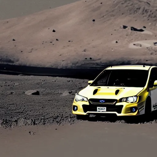 Prompt: a subaru wrx, on the surface of the moon