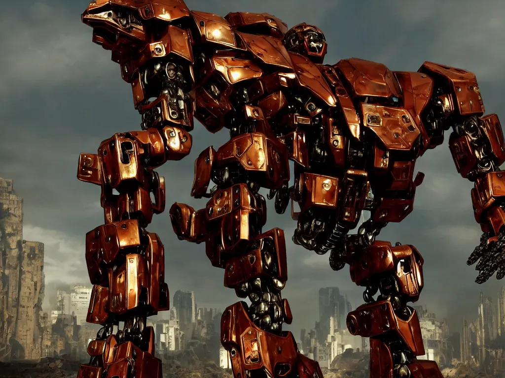 Image similar to a shiny ornate boxing humanoid mecha in ruin city, victory, bright, by war robots, real steel ( 2 0 1 1 ), westworld and eve venture and pacific rim and machine warrior 5, cryengine, frostbite 3 engine, scarlet and yellow scheme, sharp focus, 8 k, high definition, insanely detailed, soft lighting, smooth face