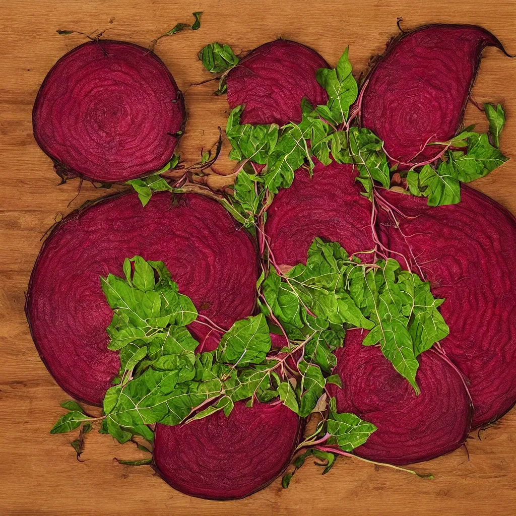 Image similar to large spiral of giant cut beetroots, with embroidered leaves and fractal roots, over vivid dark wood table, food photography. super detailed. masterpiece