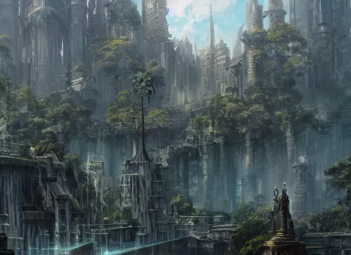 Prompt: A beautiful under water city made of black steel and glass, anime, lush trees, fountain, statue, a fantasy digital painting by Greg Rutkowski and James Gurney, trending on Artstation, highly detailed