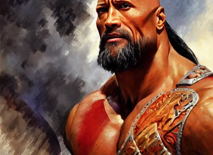 Image similar to a highly detailed beautiful portrait of dwayne johnson as kratos, by gregory manchess, james gurney, james jean