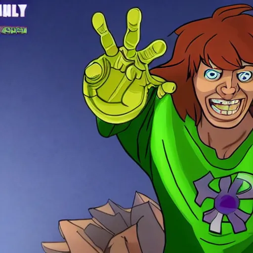 Image similar to Shaggy from scooby doo wearing a infinity gauntlet on his left hand, 8k, flawless,