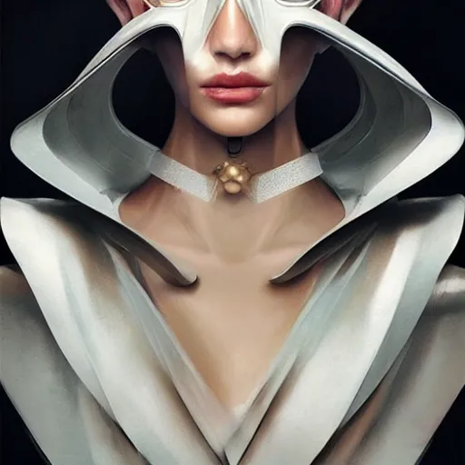 Prompt: A masterpiece portrait of a Incredibly beautiful futuristic high fashion model girl with designer mask. Vogue. trending on artstation, digital art, by Stanley Artgerm Lau, WLOP, Rossdraws, James Jean, Andrei Riabovitchev, Marc Simonetti, Yoshitaka Amano