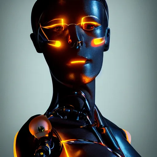 Prompt: beautiful Fine art photography, medium shot, of a solarpunk half robot half human girl with real human face, led lights over body, highly detailed, photorealism, cinematic lighting 8k