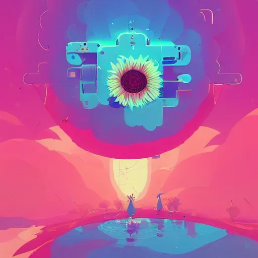 Image similar to beautiful digital sunflower in stunning pick sea, pink and blue scheme, isometric, by Anton Fadeev and Simon Stalenhag, trending on artstation