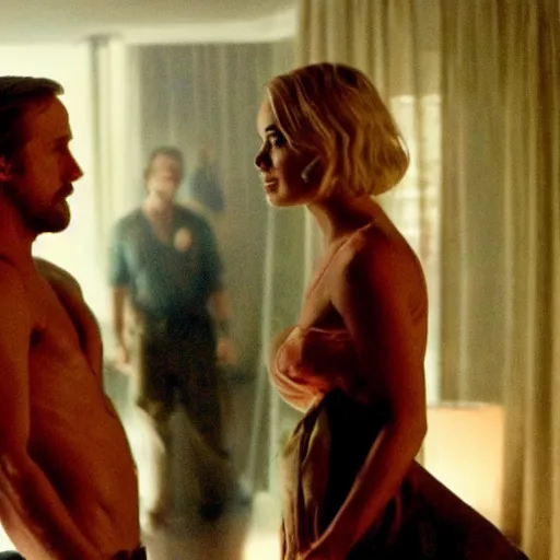 Image similar to still of ryan gosling and margot robbie, in apocalypse now