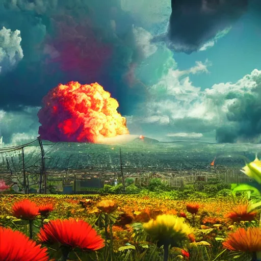 Image similar to a nuclear explosion with flowers, hyper detailed, depth of field, backlight, Super HD.