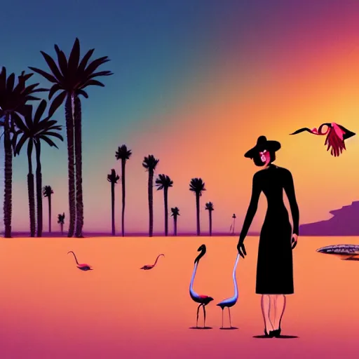 Prompt: A surreal comic noir illustration containing a beautiful woman and Flamingos on a desert beach oasis by Salvador Dali, dark vibes, high contrast, pastel lighting, cinematic, depth of field, 8k