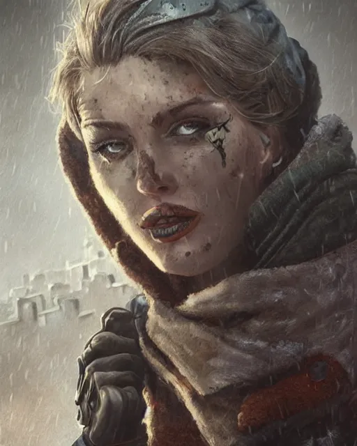 Image similar to battle hardened, charismatic, rugged fallout 5 female character, face centered portrait, confident, ruined cityscape, fog, rain, volumetric lighting, illustration, perfectly shaded, soft painting, art by mark kent, jordan lamarre - wan, igor kieryluk, maxim verehin, miranda meeks