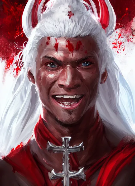 Image similar to a highly detailed illustration of white haired african priest, wearing cross on robe, wielding red blades made of blood, evil standing smiling pose, muscular, intricate, elegant, highly detailed, centered, digital painting, artstation, concept art, smooth, sharp focus, league of legends concept art, WLOP