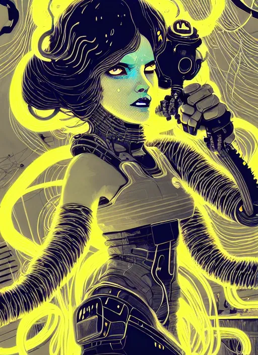 Image similar to highly detailed portrait of wasteland punk long curly bright yellow and white plasma electricity hair tribal lady, stray electric spark wiring by atey ghailan, james gilleard, by joe fenton, by greg rutkowski, by greg tocchini, by kaethe butcher, 4 k resolution, gradient yellow, black and white color scheme!!! ( ( lightning cloudy robotic dystopian city background ) )