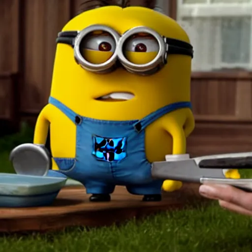 Prompt: seth rogan holding a fork and knife, about to eat a minion that is laying dead on a plate
