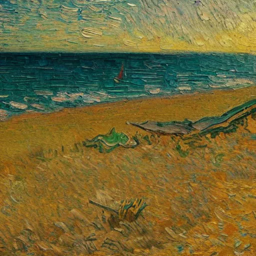 Image similar to a painting of a beautiful beach in Miami, trending on artstation, masterpiece, in the style of Vincent van Gogh