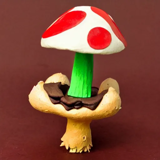 Image similar to a claymation mushroom holding a cardboard sword
